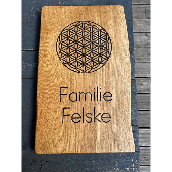 Türschild, Willkommenschild, Haustür, Eiche, CNC gefräst, Blume des Lebens
